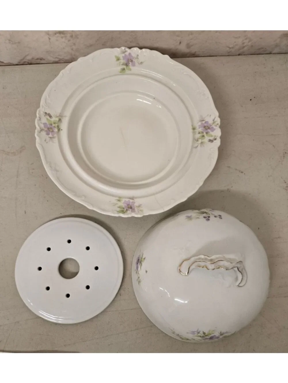Antique Ceramic Covered Butter Dish Purple Floral Design Perforated Insert Plate